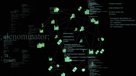 Animation-of-data-processing-and-business-icons-on-black-background