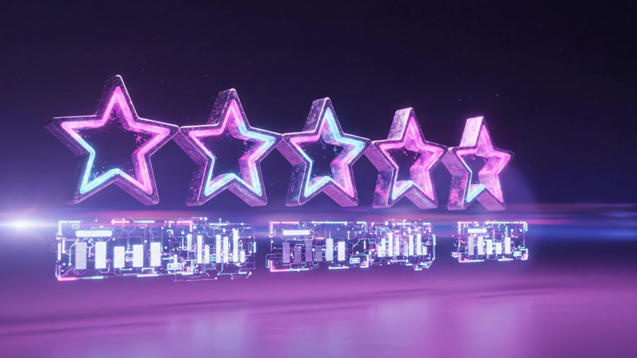 Una splendida rappresentazione visiva di cinque stelle lucide e multicolori e barre digitali eleganti, che simboleggiano valutazioni e recensioni moderne illuminate in un ambiente cosmico.