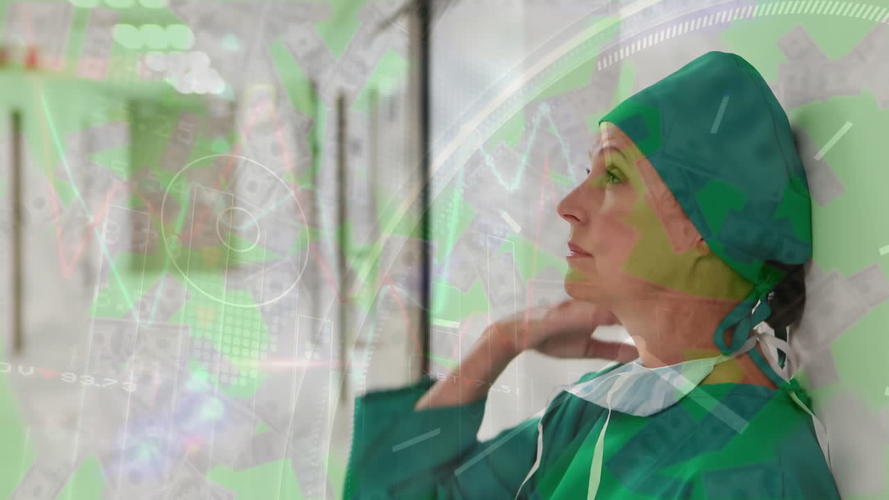 animación de procesamiento de datos y reloj sobre la mujer caucásica médico sentado.