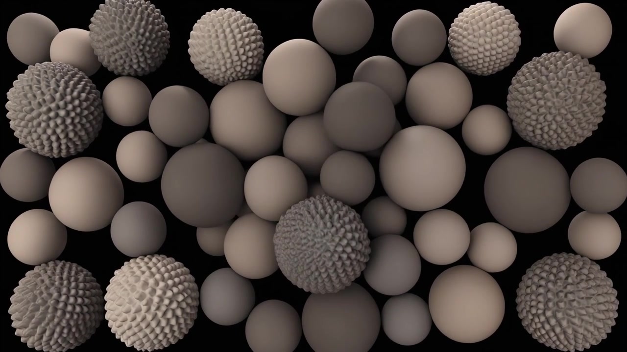 Abstract 3D Animation of Spheres Filling a Dark Frame