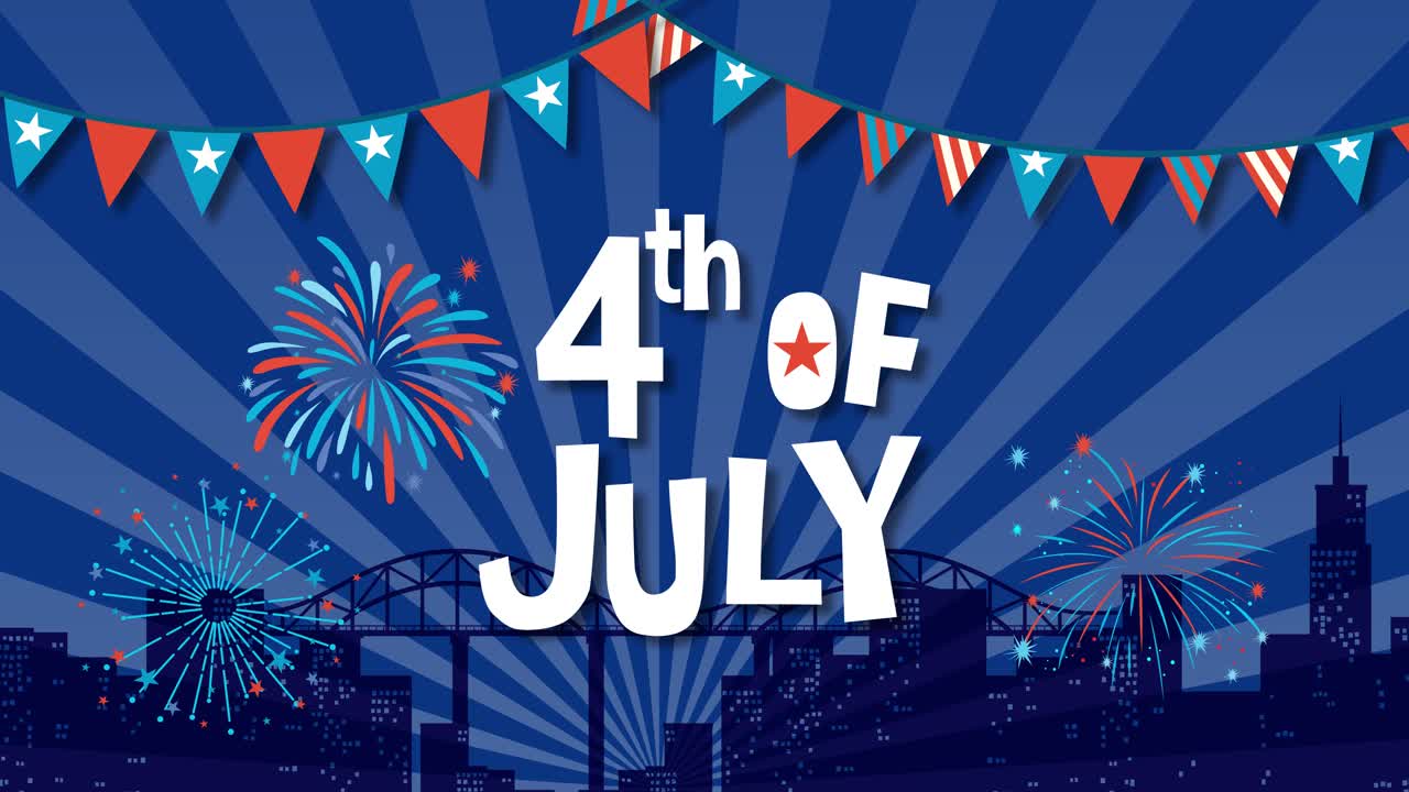 Dynamic fireworks animation with vibrant colors and city skyline, celebrating Independence Day with festive banners and bold typography