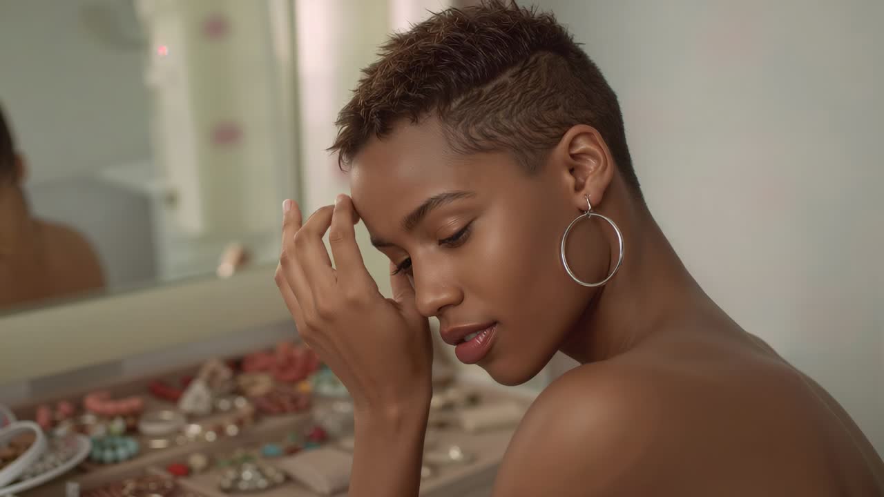 Gazing into mirror woman with bare shoulders large hoops touching brow posing at vanity with jewels