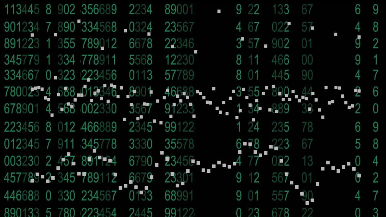 Binary code and data processing animation over green numbers on black background