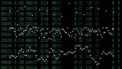 binary code and data processing animation over green numbers on black background