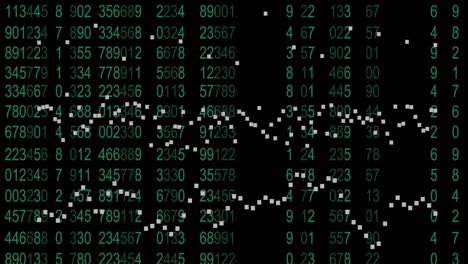 binary code and data processing animation over green numbers on black background