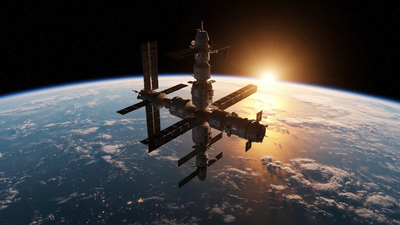 Majestic View of a Space Station Orbiting Earth at Sunrise, Showcasing Stunning Planetary Curvature and Cosmic Beauty in the Vastness of Space