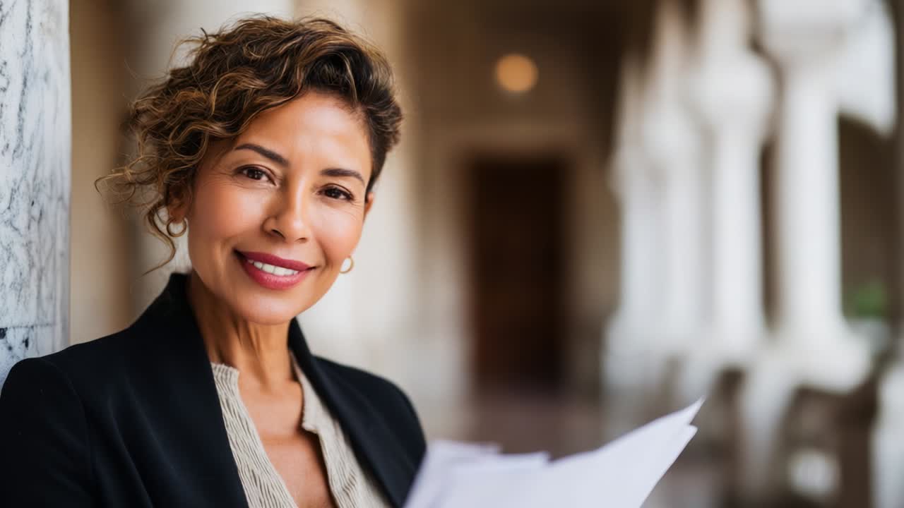 A confident and cheerful woman with curly hair poses in a beautifully lit corridor, holding papers in her hands, showcasing a moment of accomplishment and joy in her professional environment