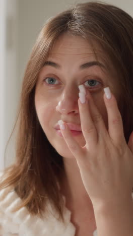 una mujer morena admira la piel mirándose en el espejo después de visitar el salón de spa. una mujer bonita en bata de baño siente felicidad después de visitar a un cosmetólogo profesional