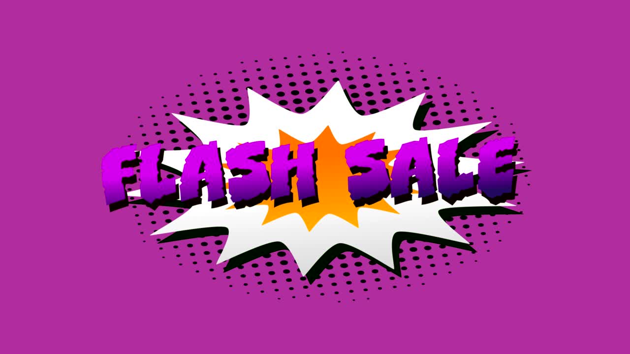 venta flash, wow y pow texto en burbuja de habla contra fondo púrpura