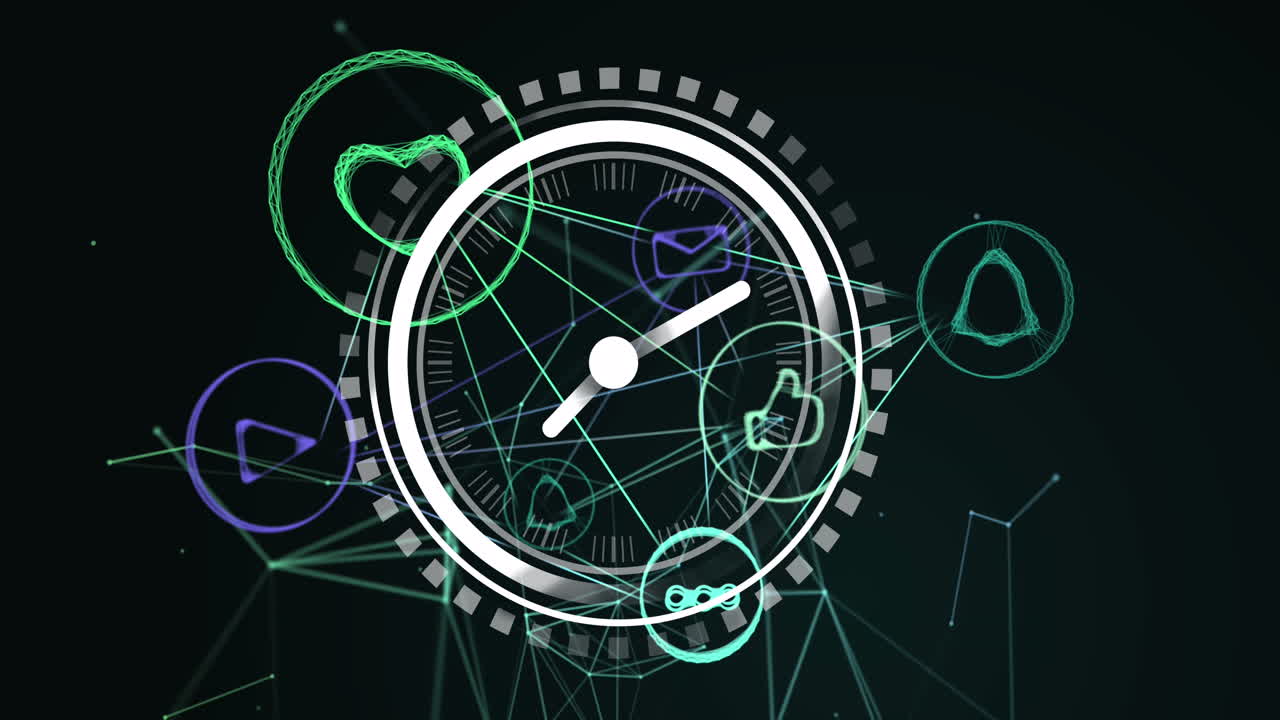Animation of clock moving over connections with social media icons on black background