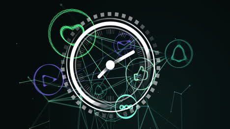 animación del reloj moviéndose sobre las conexiones con iconos de redes sociales en fondo negro