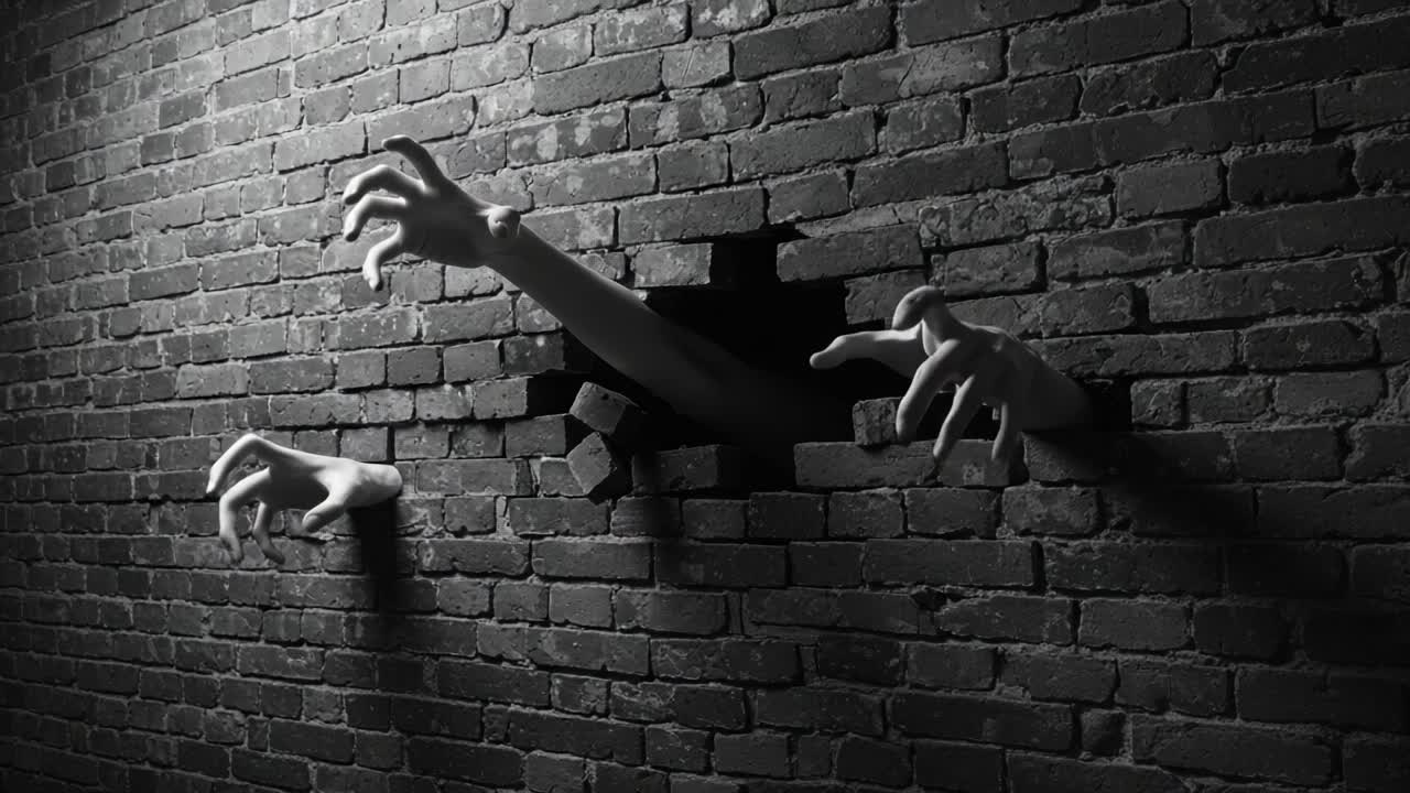 A Haunting Encounter: Eerie Hands Emerge from a Crumbling Brick Wall in a Captivating Display of Despair and Struggle