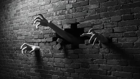 A Haunting Encounter: Eerie Hands Emerge from a Crumbling Brick Wall in a Captivating Display of Despair and Struggle