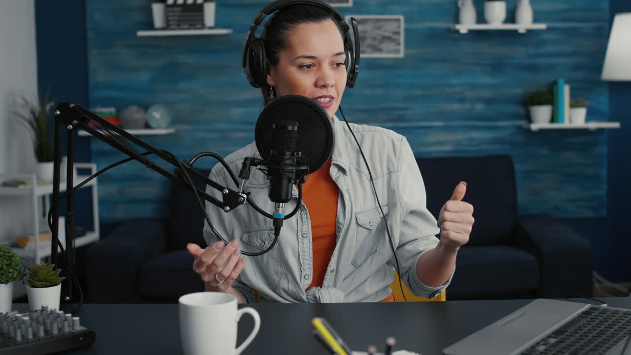 Happy smiling popular internet show host ending live broadcast