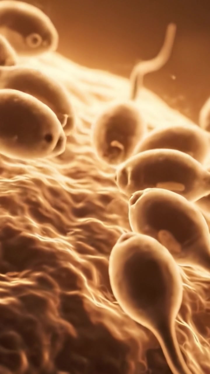 Immagini di spermatozoi che si avvicinano a un ovulo, raffiguranti l'intricato processo della riproduzione umana a livello microscopico.