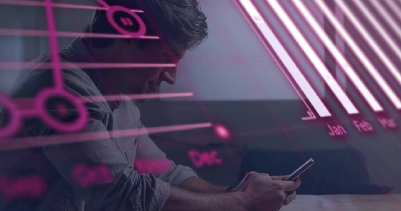 Man seated couch tapping phone, opening pink business calendar overlay, marking months for planning