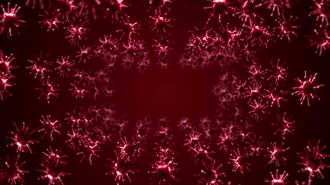 빨간색 바탕에 많은 바이러스 세포가 날아다니는 의료 개념, 현미경 일러스트레이션, 바이러스 분자의 3d 애니메이션 회전, 루프 애니메이션
