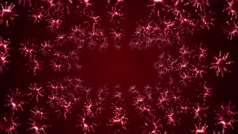 volando muchas células de virus en fondo rojo. concepto médico, ilustración microscópica. animación 3d de la molécula de virus girando. animación de bucle.