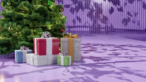 árbol de navidad con adornos y regalos envueltos en un piso púrpura contra un fondo púrpura