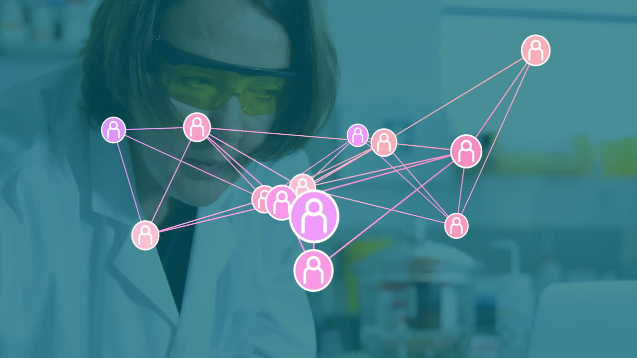 Scientist wearing goggles examining sample under digital network of user icons in research lab