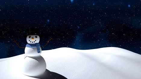 snow falling over snowman on winter landscape against blue shining stars in night sky