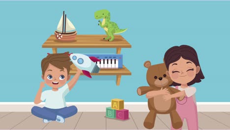 una pareja de niños jugando con juguetes de animación