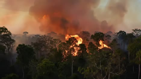 intense wildfire devastates lush forest landscape, creating billowing smoke and destruction amidst vibrant green trees under a fiery sky