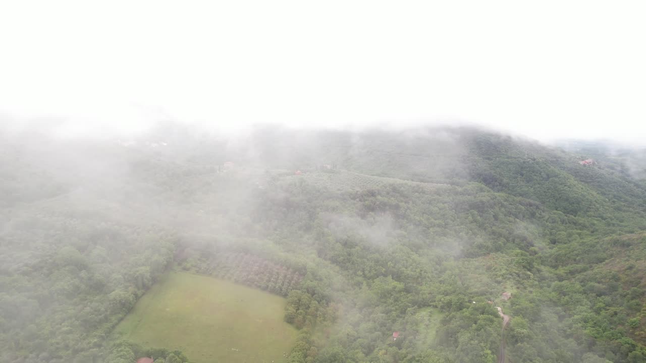 아름다운 초록 계곡 위의 안개 구름을 통해 공중에서, 이탈리아