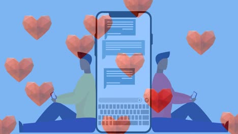 iconos de corazón flotando sobre la interfaz del teléfono inteligente contra los iconos de hombre y mujer que usan teléfonos inteligentes