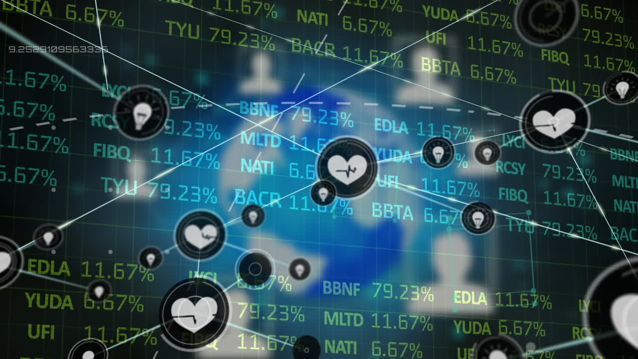 디지털 아이콘 네트워크의 애니메이션 및 프로파일 및 글로브에 대한 증권 시장 데이터 처리