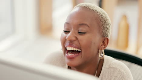 Black-woman,-computer-and-laughing-with-coffee