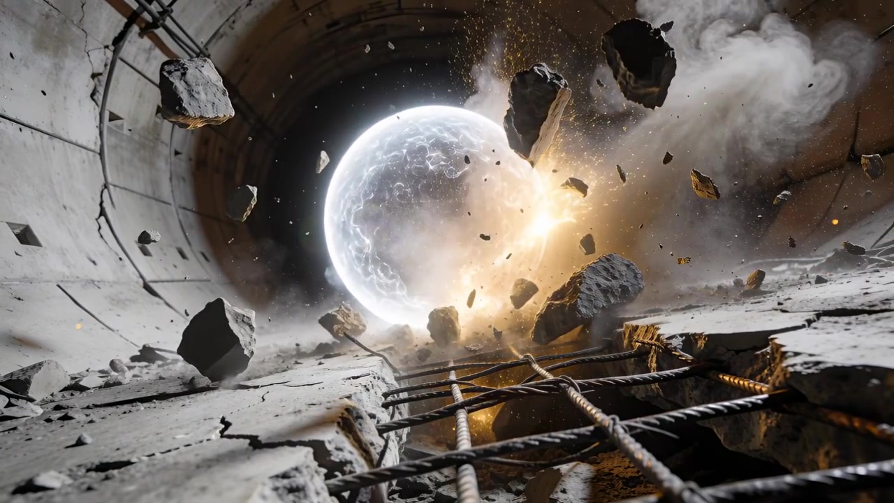 Sfera luminosa che avanza, sfonda un tunnel di cemento, facendo esplodere lastre rotte e tondini di ferro, sputando fumo.