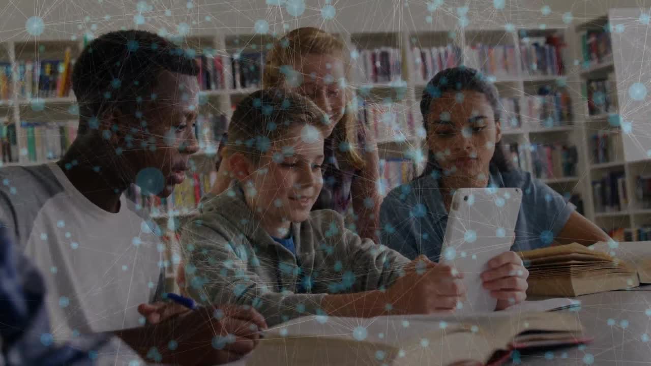 Animation of network of connections over diverse school children reading and learning at school