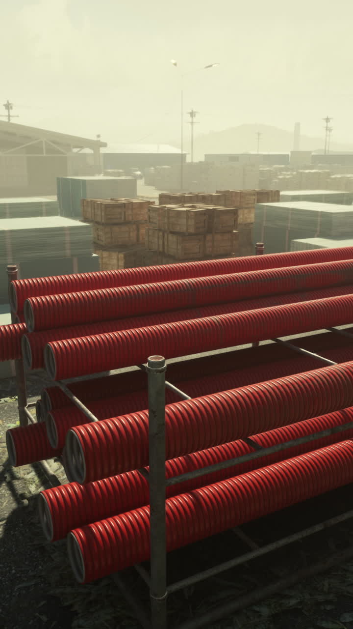 Red corrugated pipes stacked in a rack at a construction site