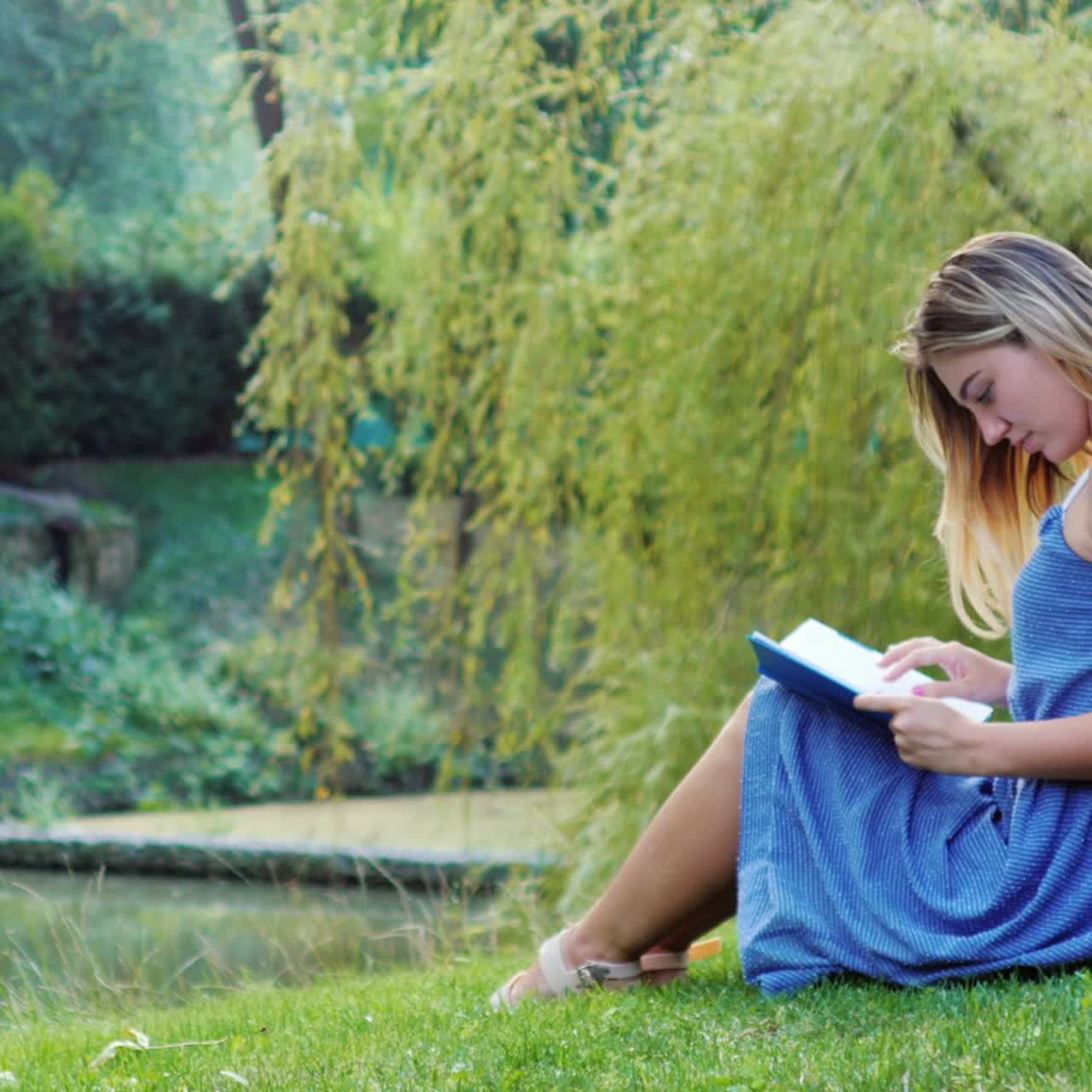 Una donna attraente legge un libro nel parco, seduta sul prato.