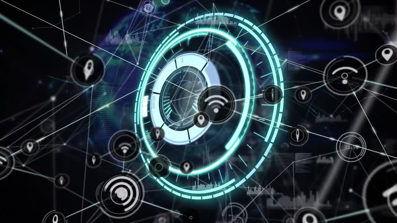 검은색 배경에 프로세싱 서클과 글로브에 대한 연결 네트워크의 애니메이션