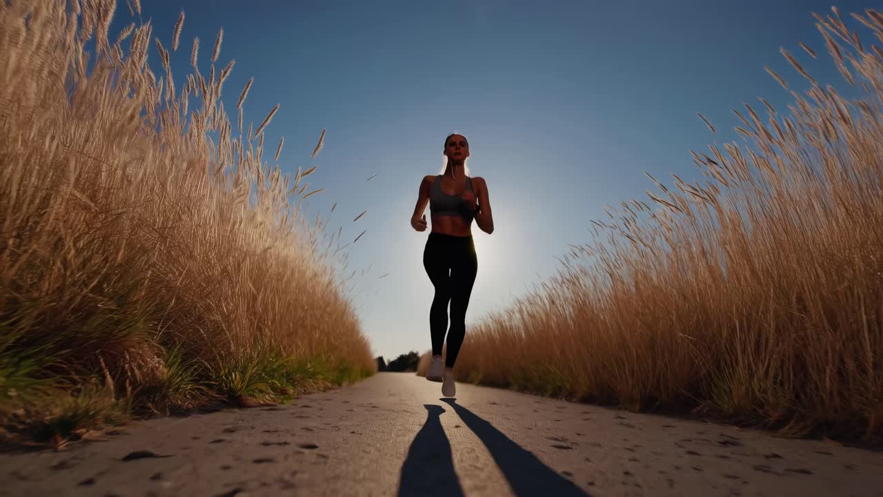 Low-angle video shot of a woman jogging through a sunlit field, capturing a dynamic and energetic