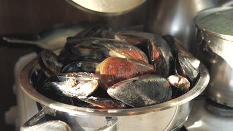 cook sea shellfish. mussels with garlic sauce