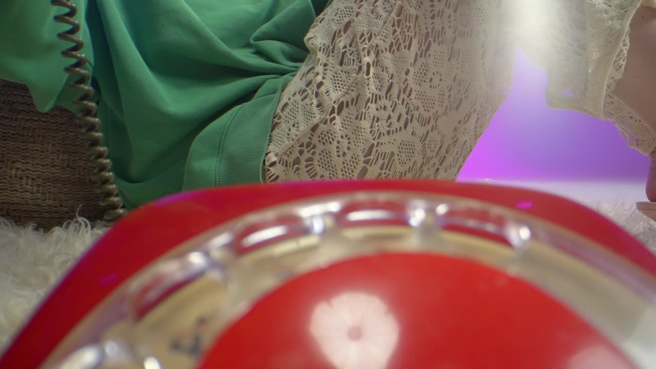 Macro shot of a woman’s hand resting on a vintage red rotary phone, surrounded by soft textures and retro decor in a pastel-toned cozy interior, evoking nostalgic and tactile warmth