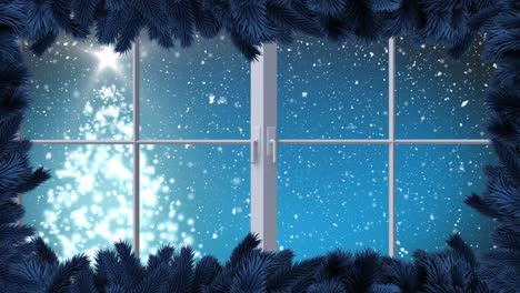 Digitale-Animation-Des-Fensterrahmens-Vor-Schnee,-Der-über-Den-Weihnachtsbaum-Fällt-Und-Sich-Im-Nachthimmel-Dreht