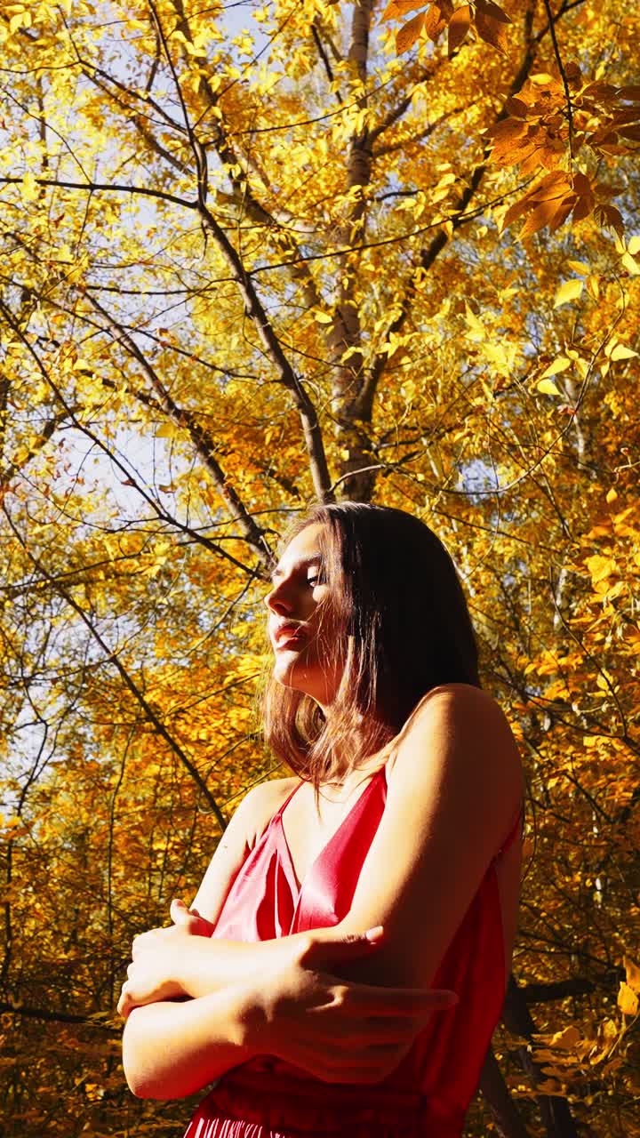 A vibrant autumn day captures a young woman in a flowing red dress, surrounded by golden leaves against a bright blue sky in a tranquil forest setting