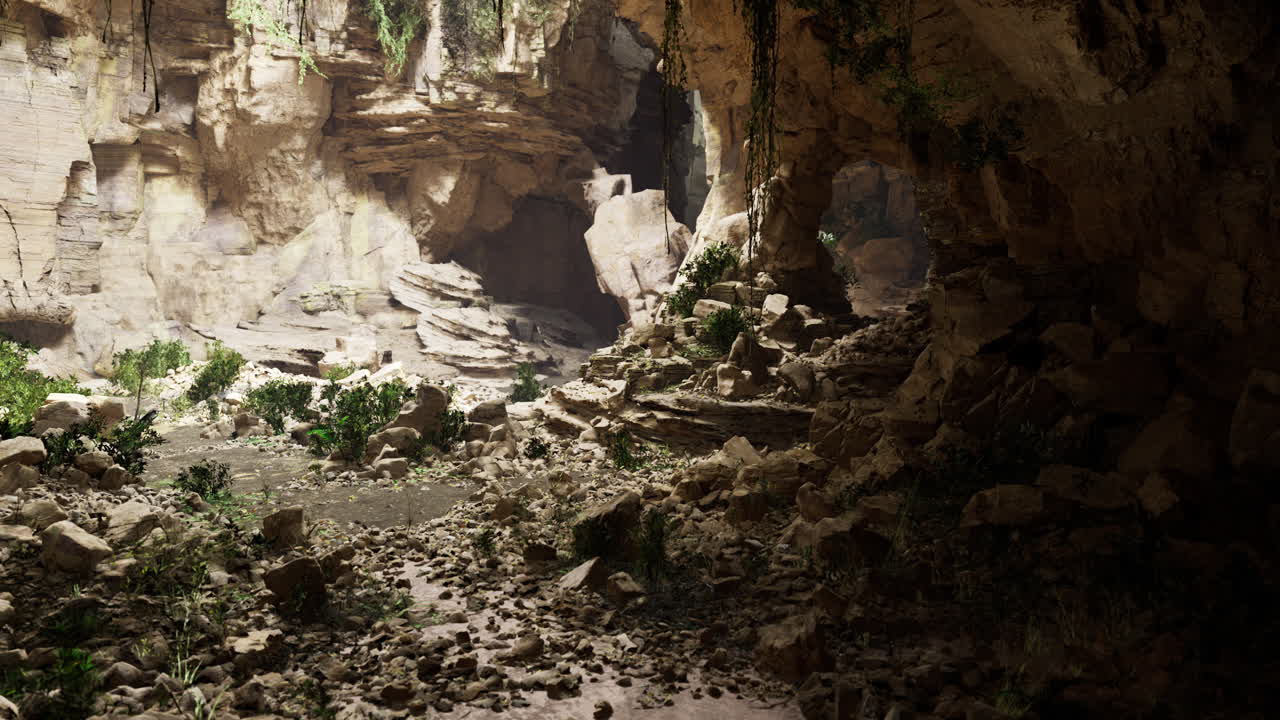 Exploring a hidden cave with rocky formations and lush greenery at midday