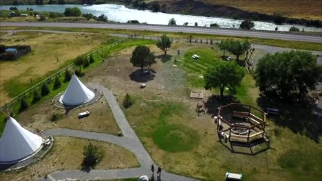 Drone-shot-over-Tipi-Hotel-in-Montana-next-to-Yellowstone-River