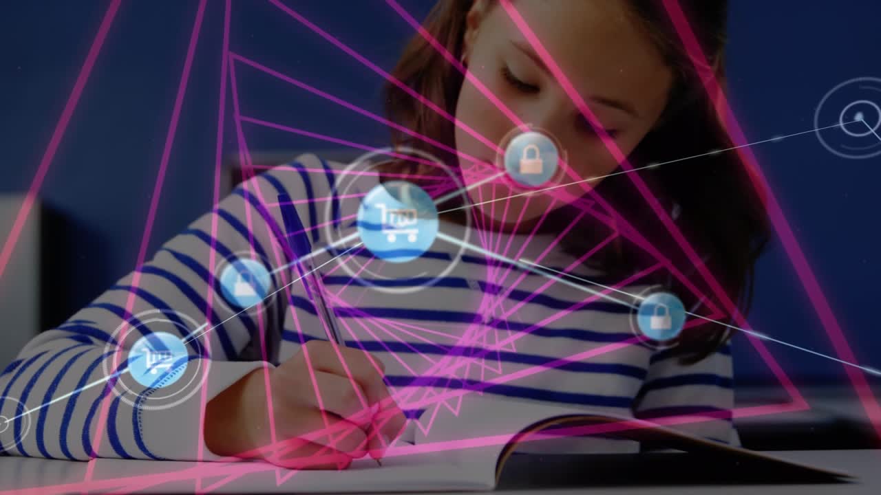 Animation of network of connections with icons and neon shapes over caucasian student