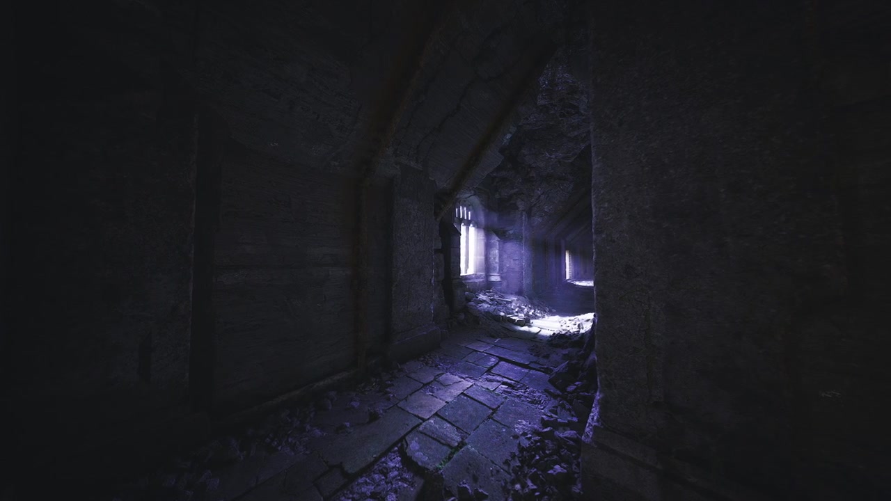 Salão deserto fantasmagórico com piso fraturado e efeitos de iluminação suaves