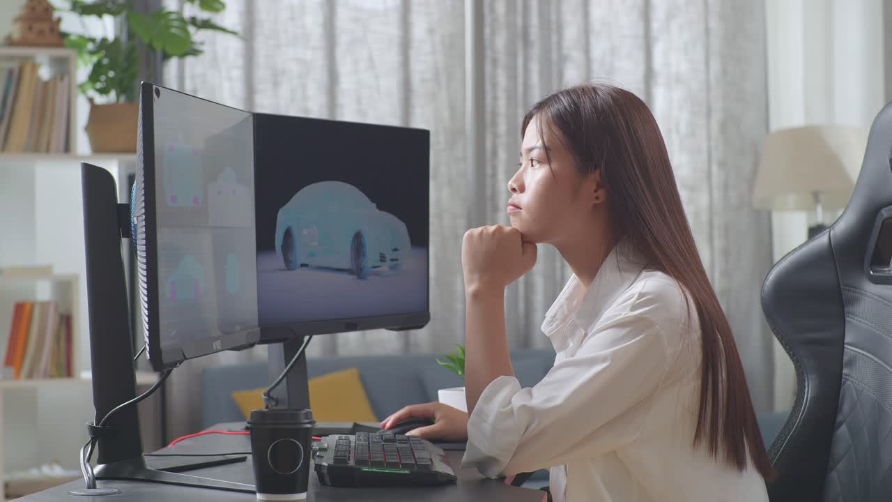 아시아 여성 자동차 디자이너가 스튜디오에서 데스크 컴퓨터에서 ev 자동차의 3d 모델을 작업하는 동안 아이디어를 생각하는 측면 뷰