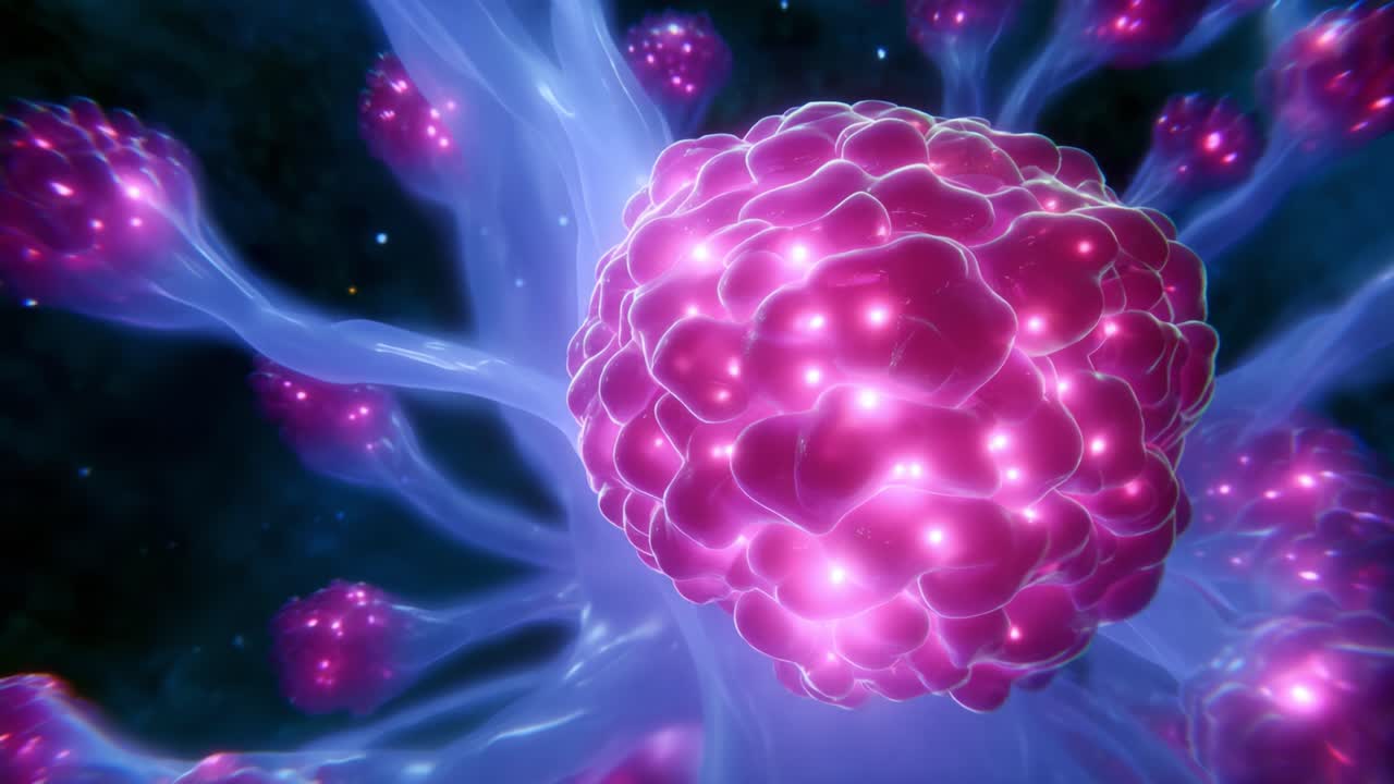 A vibrant depiction of cellular structures, showcasing intricate connections and glowing forms. This visually stunning representation highlights the complexity of life at a microscopic level, emphasizing the beauty of biology