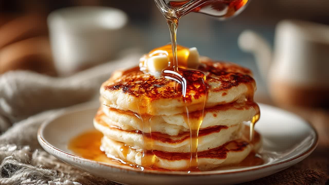 Delicious Stack of Fluffy Pancakes Drizzled with Maple Syrup and Topped with Butter, Perfect for a Morning Treat or Breakfast Delight