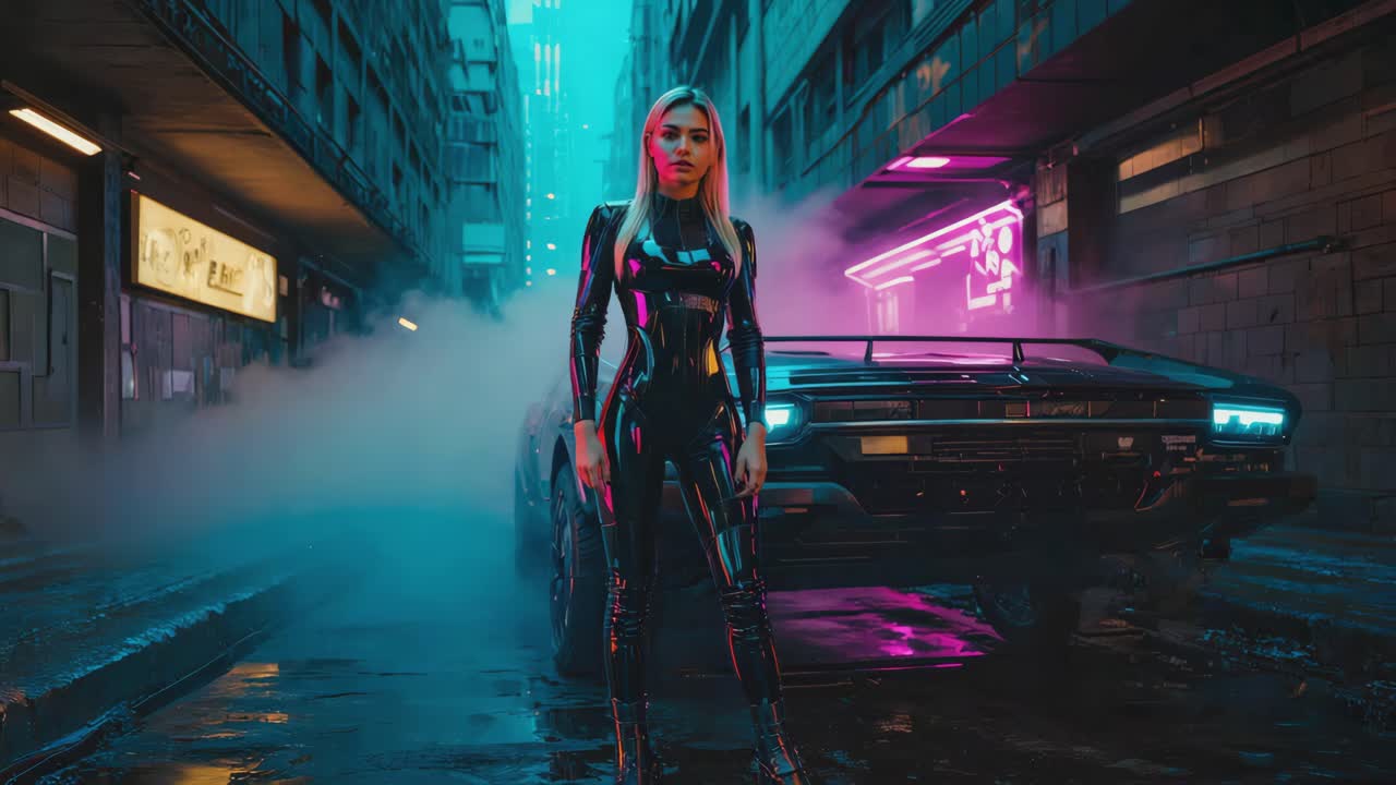 Cyberpunk Woman in Neon-Lit Street with Futuristic Car