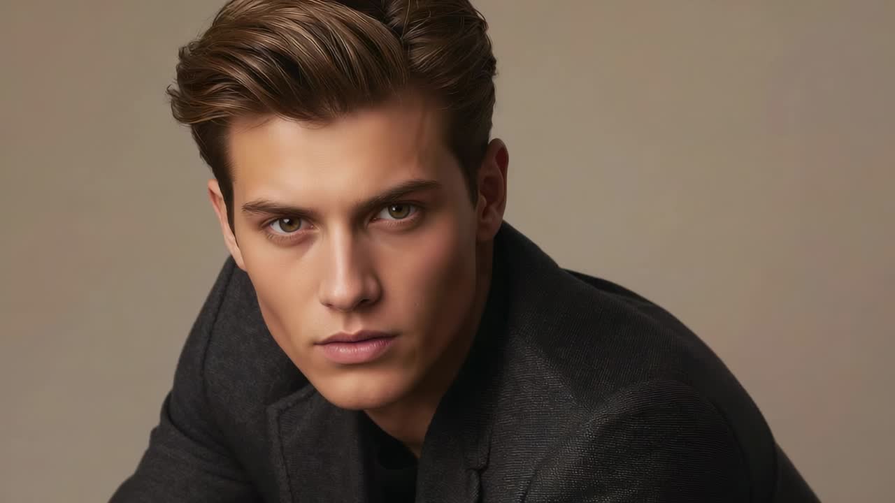 Relaxing male softening into smile and tilting head left on photog cue in studio, charcoal suit